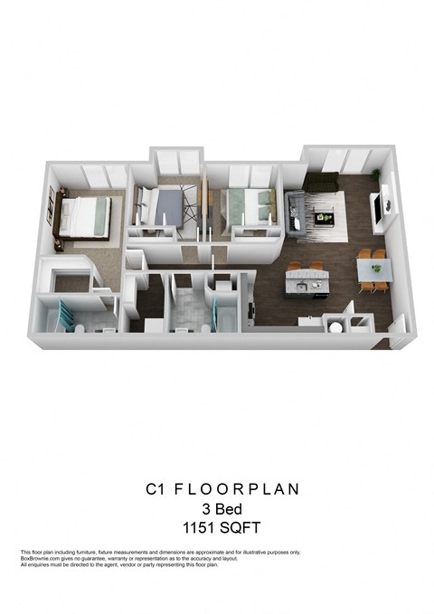 Floor plan for 3 beds, 2 baths, 1151 sqft